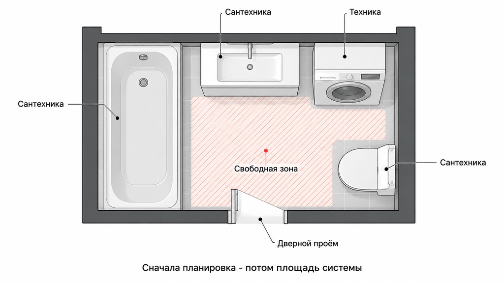Схема расчёта свободной площади тёплого пола в ванной