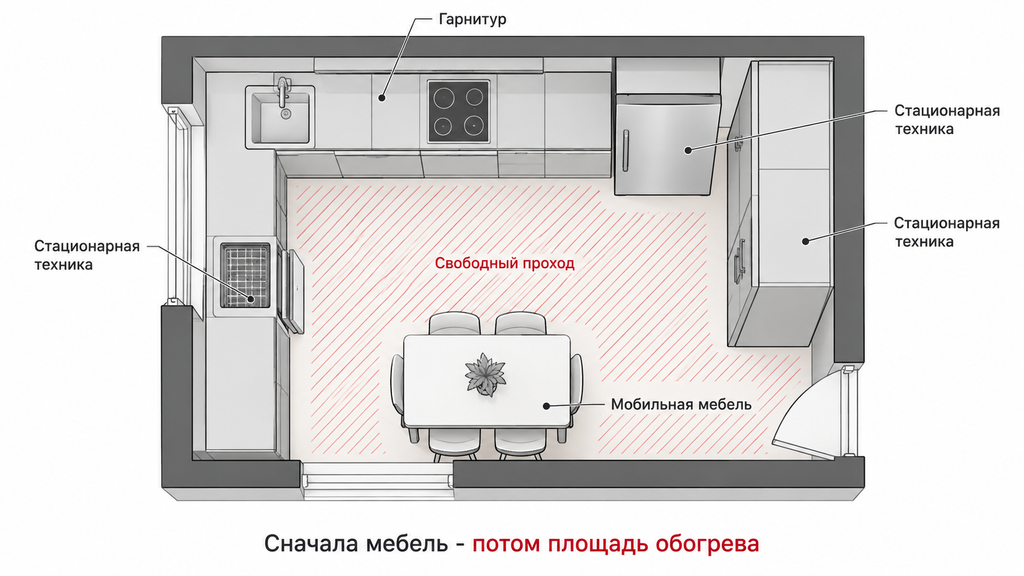 Схема свободной площади тёплого пола на кухне с гарнитуром и техникой